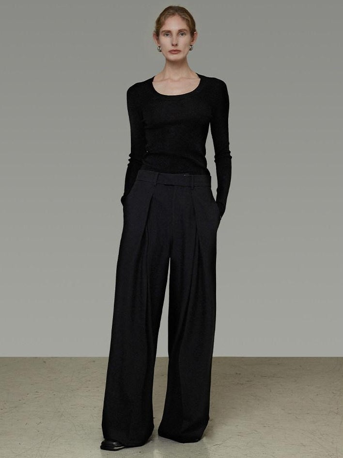 unspoken High Waist Breathable Black Minimalist Zipper Fly Women Wide Leg Pants