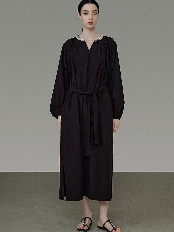 unspoken Cotton Loose Waist Minimalist V-neck Long Sleeve Casual Black Maxi Dresses