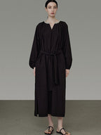 unspoken Cotton Loose Waist Minimalist V-neck Long Sleeve Casual Black Maxi Dresses