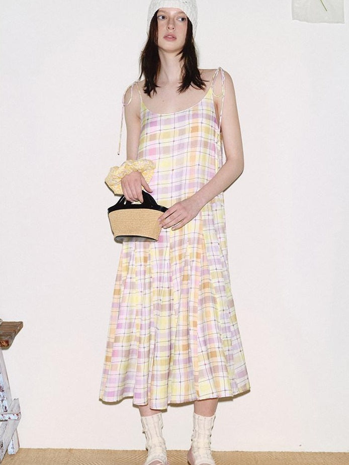 fano Viscose Printed Purple Yellow Check A Line Camisole Korean Commuter Maxi Dresses