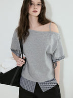 fano Cotton Blend Loose Korean Women Half Sleeve Bardot Off Shoulder Crop Tops