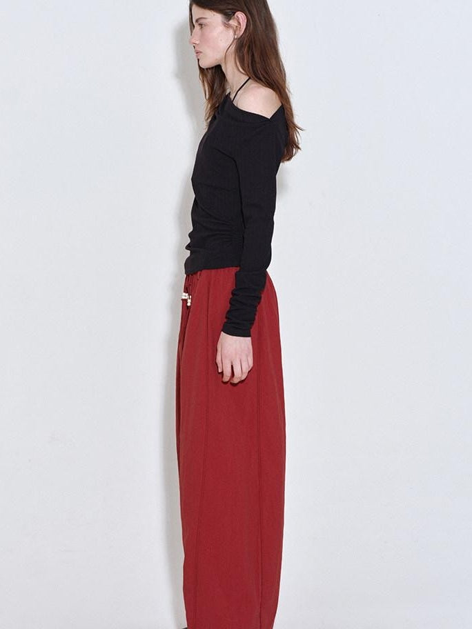 fano High Waist Elastic Minimal Korean Workwear Wide Leg Nylon Red Straight Pants