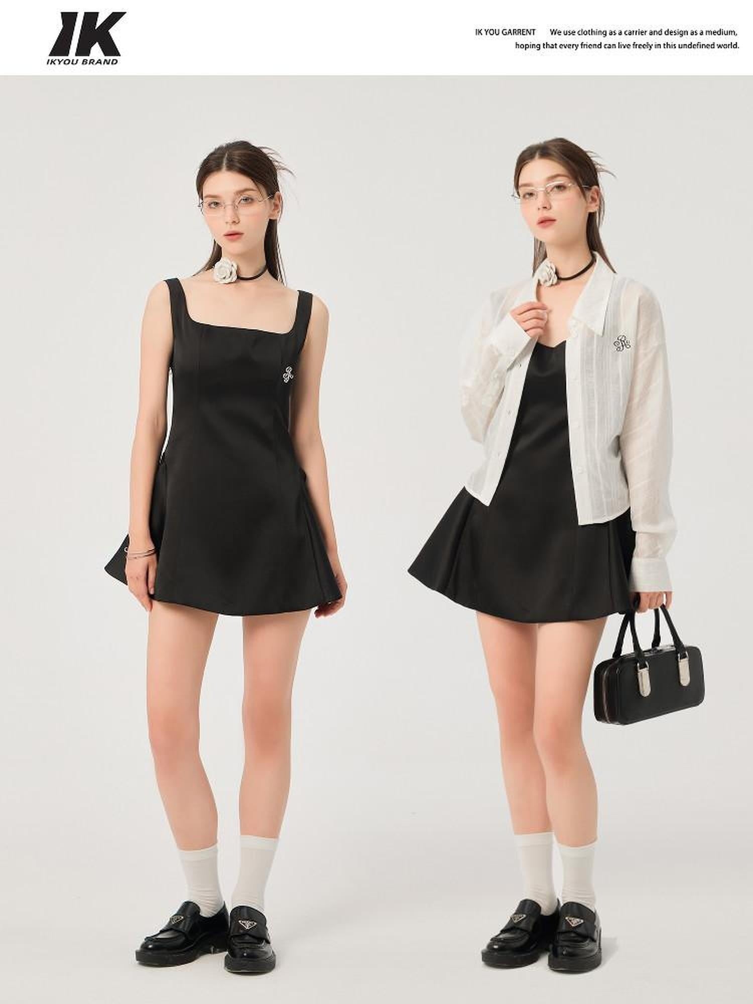 ikyou Waist Cinch Casual A Line Square Neck Sleeveless Black Midi Dresses