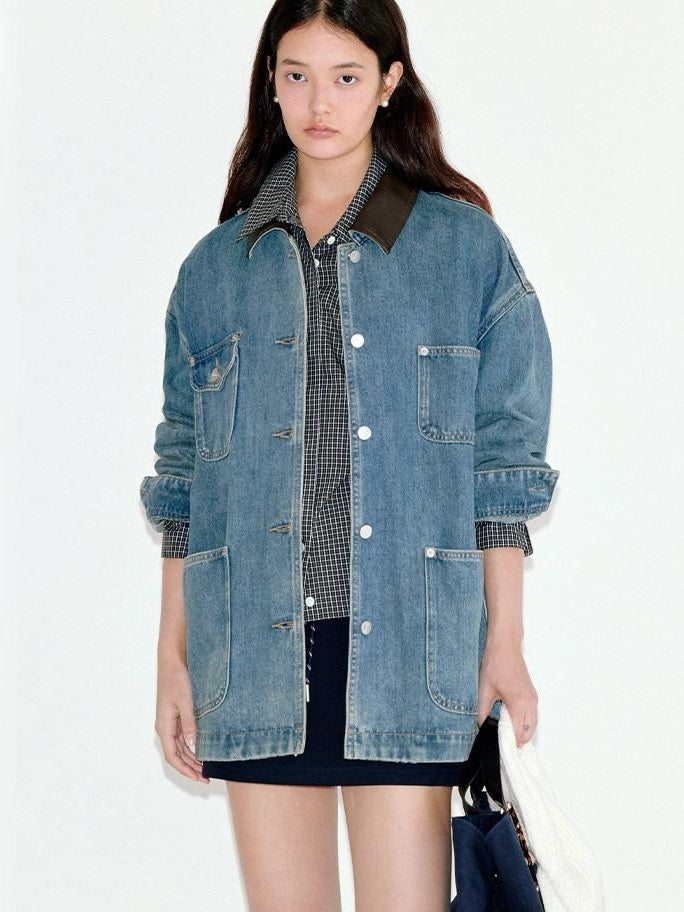 fano Patchwork Washed Blue Loose Fit Casual Cotton Women Button Front Denim Jackets
