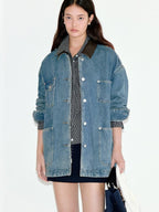 fano Patchwork Washed Blue Loose Fit Casual Cotton Women Button Front Denim Jackets