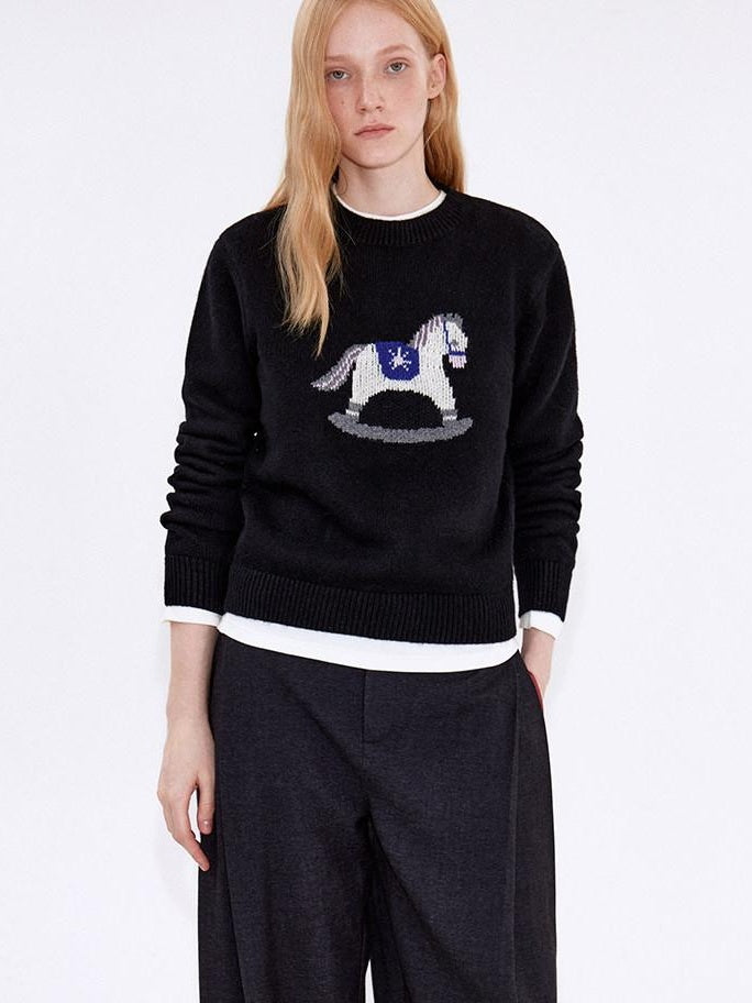 fano Cozy Acrylic Wool Blend Loose Pullover Crewneck Cute Animal Black Sweaters