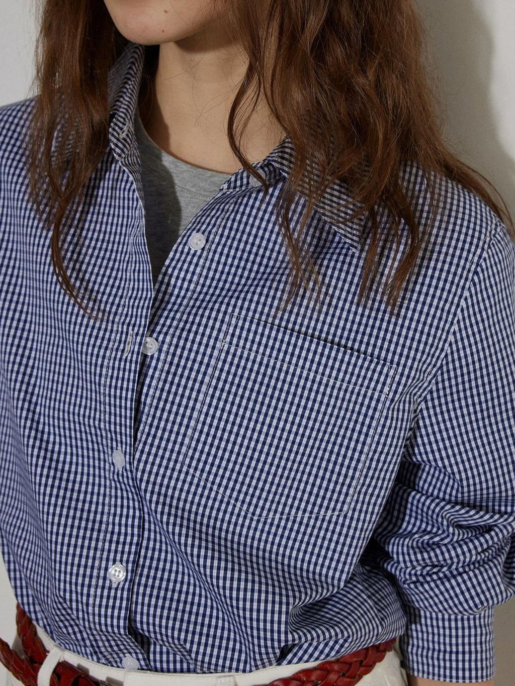 Lofi choose Flattering Plaid Minimal Collared Loose Long Sleeve Button Women Blue Shirts