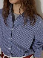 Lofi choose Flattering Plaid Minimal Collared Loose Long Sleeve Button Women Blue Shirts