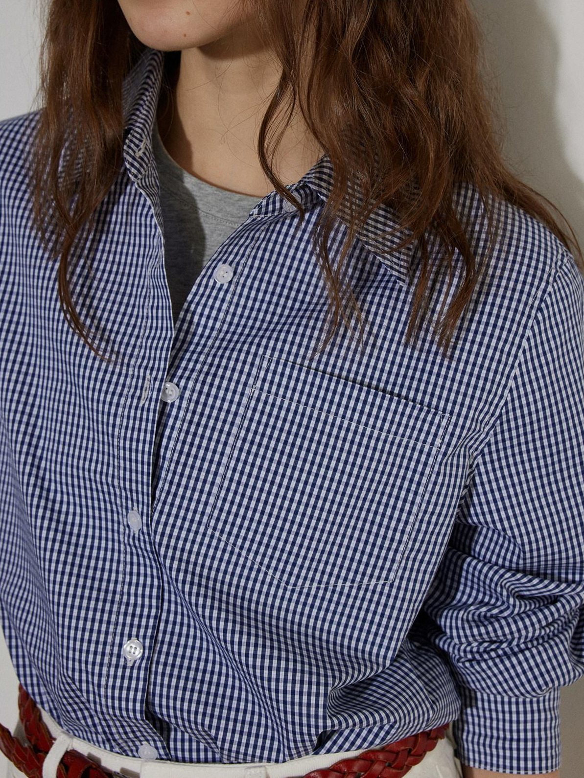 Lofi choose Flattering Plaid Minimal Collared Loose Long Sleeve Button Women Blue Shirts