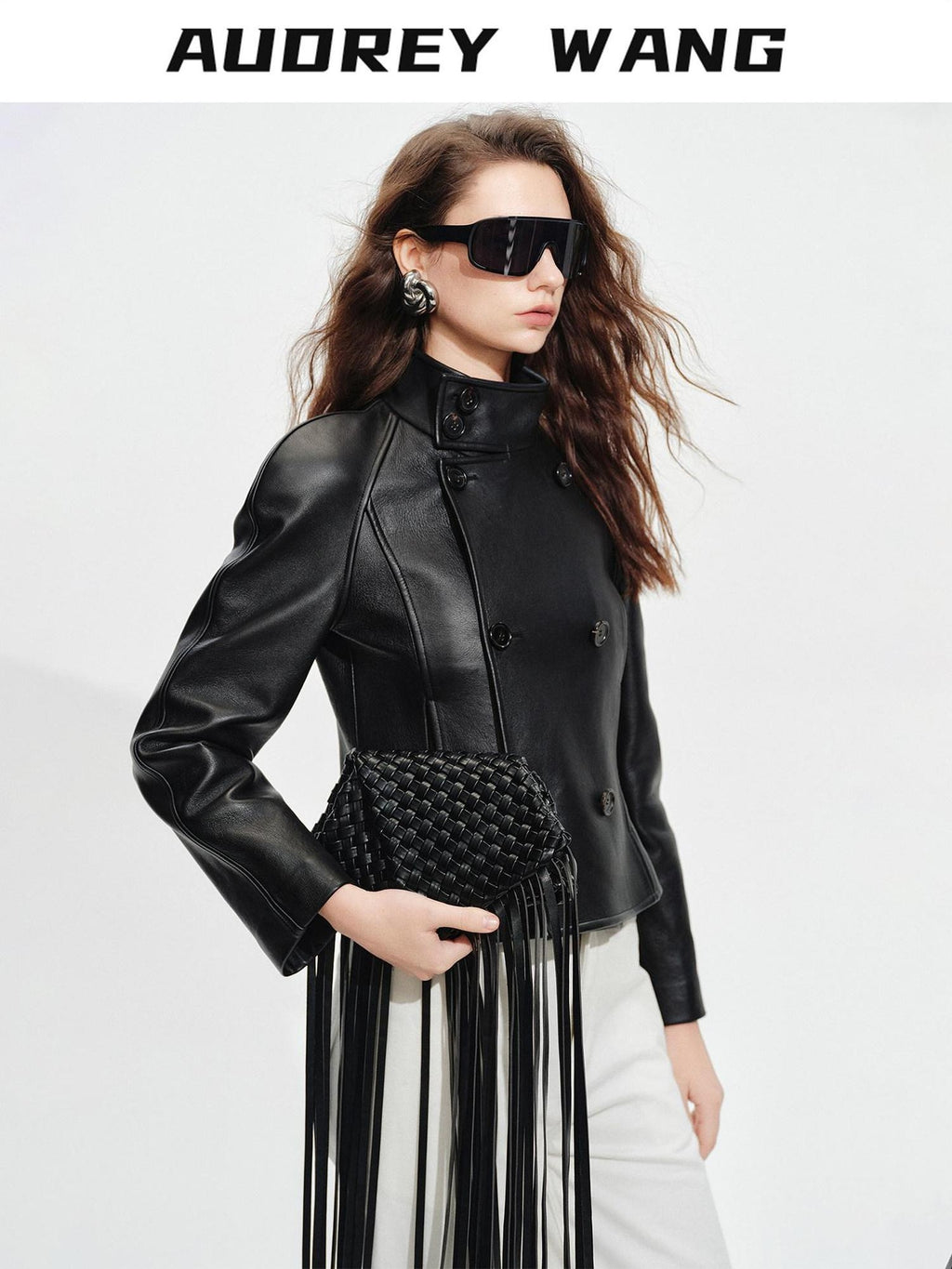 audreyyang Lambskin Vintage Loose Women Double Breasted Black Leather Jackets