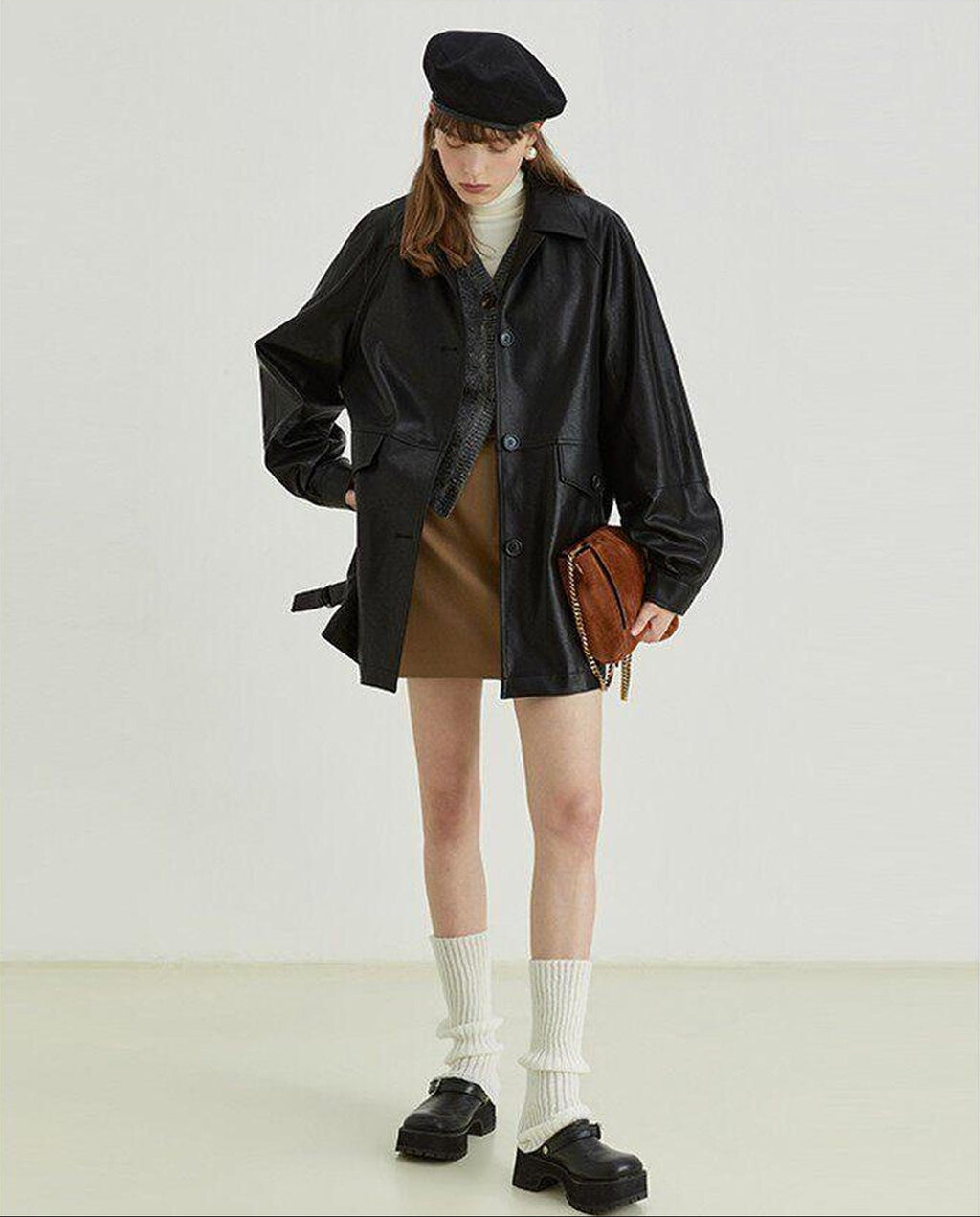 fano Warm Vintage Loose Fit Turn Down Collar Button Closure For Women Leather Jackets