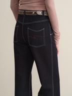 someone sometimes Stretch Minimal Natural Waist Topstitch Detail Women Midnight Blue Flared Jeans