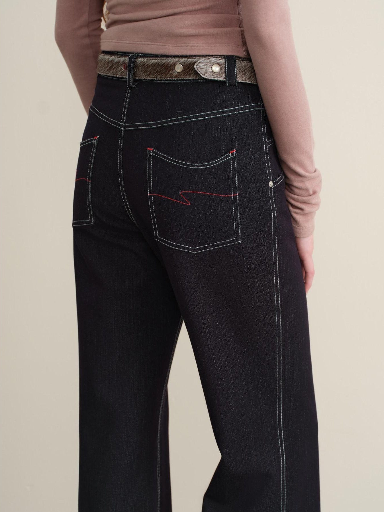 someone sometimes Stretch Minimal Natural Waist Topstitch Detail Women Midnight Blue Flared Jeans