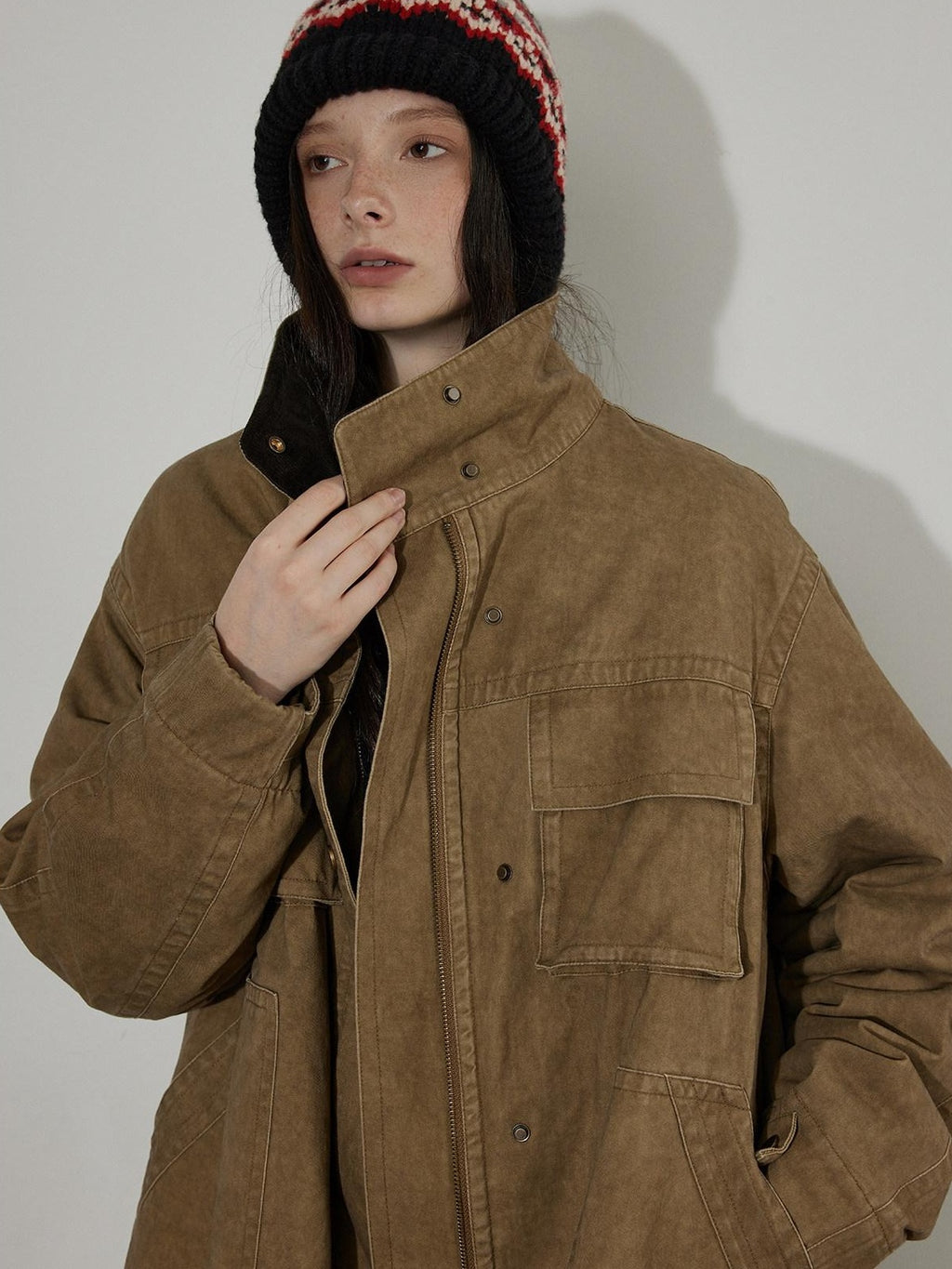 Lofi choose Warm Insulated Oversized Commuter Stand Collar Sand Brown Zip Puffer Jackets