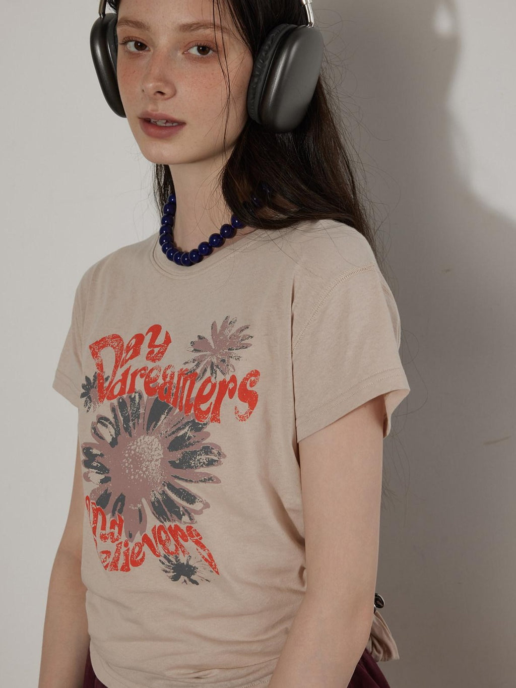 Lofi choose Cotton Floral Printed Loose Casual Round Neck Women Blue Short Sleeve T-Shirts