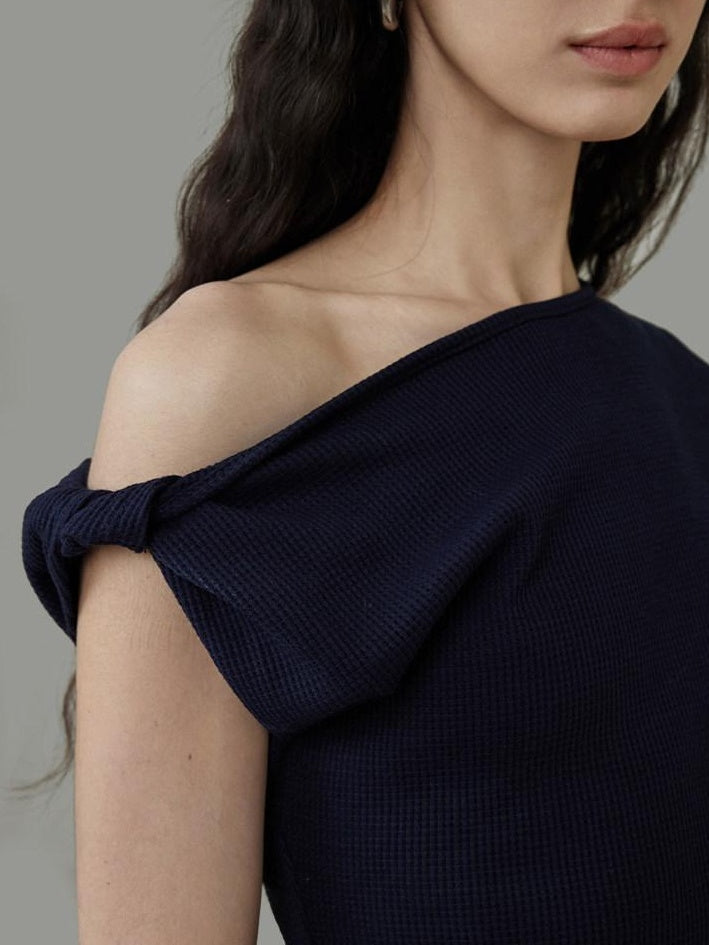 unspoken 3D Detail Slim Fit Minimal Commuter Asymmetric Neck Navy Off Shoulder Crop Tops