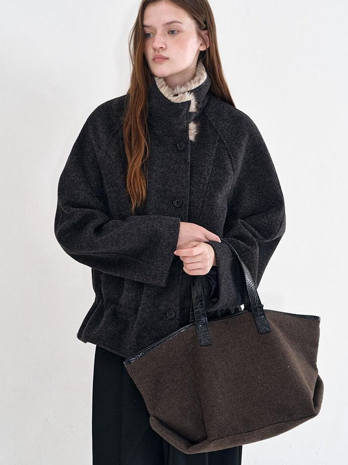 fano Warm Wool Blend Relaxed Stand Collar Drawstring Women Black Gray Short Coat