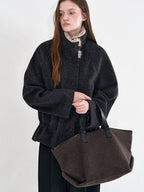 fano Warm Wool Blend Relaxed Stand Collar Drawstring Women Black Gray Short Coat