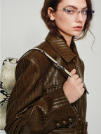 audreyyang Multi Pocket Loose Fit Faux Pu Leather Lapel Button Cuff Women Leather Jackets