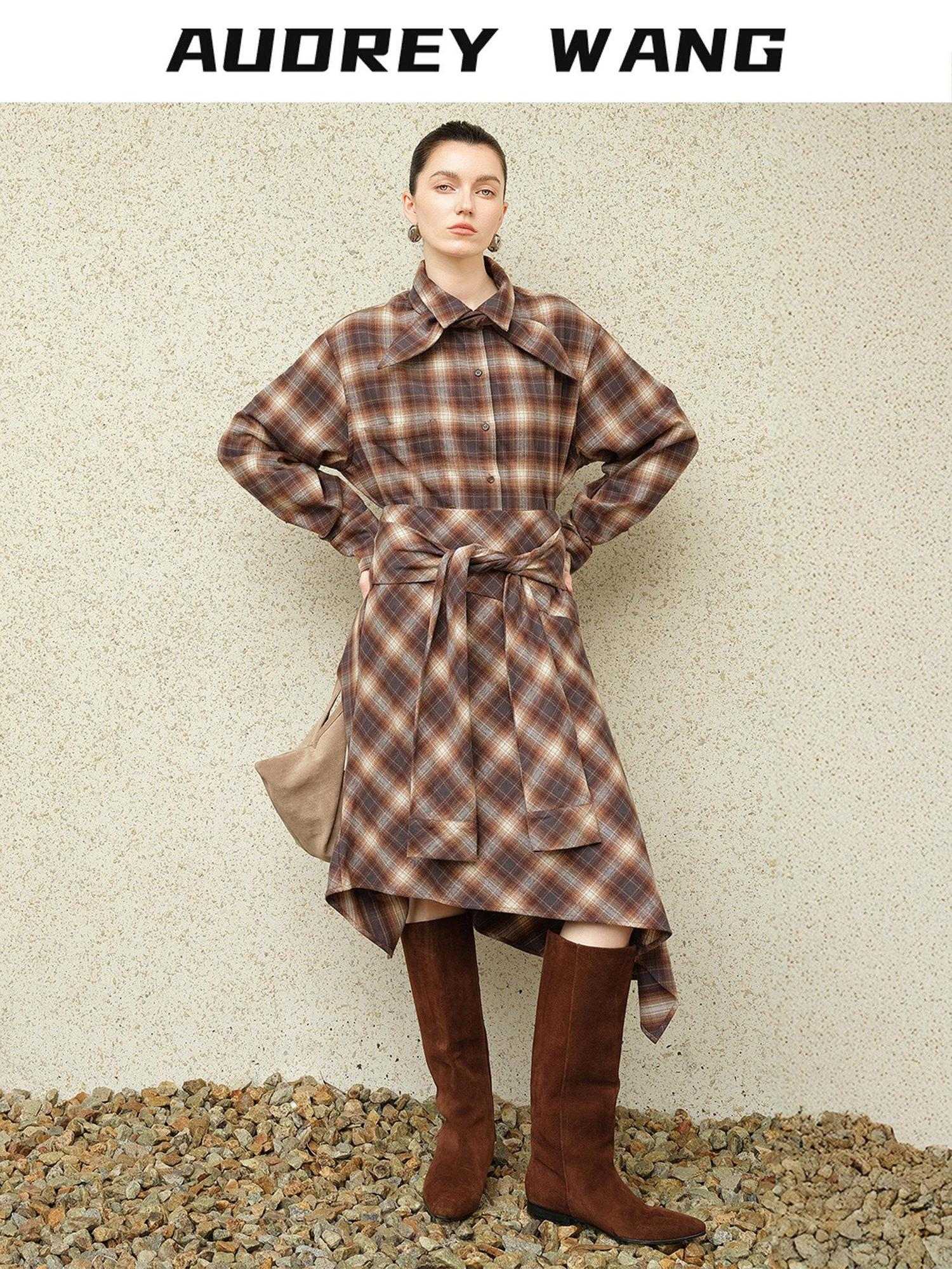 audreyyang Brushed Cotton Sunset Orange Belted Plaid Cardigan Women Top & Skirt Sets