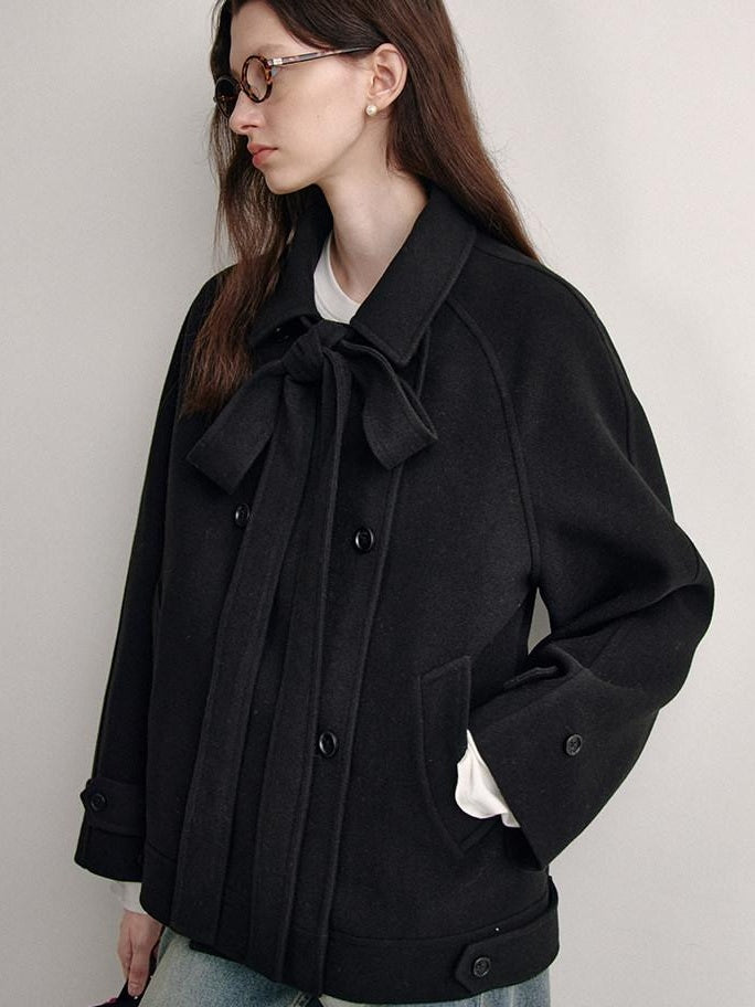 fano Elegant Double Breasted Bow Minimal Straight Fit Black Women Short Coat