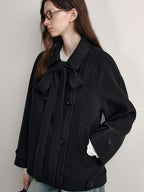 fano Elegant Double Breasted Bow Minimal Straight Fit Black Women Short Coat
