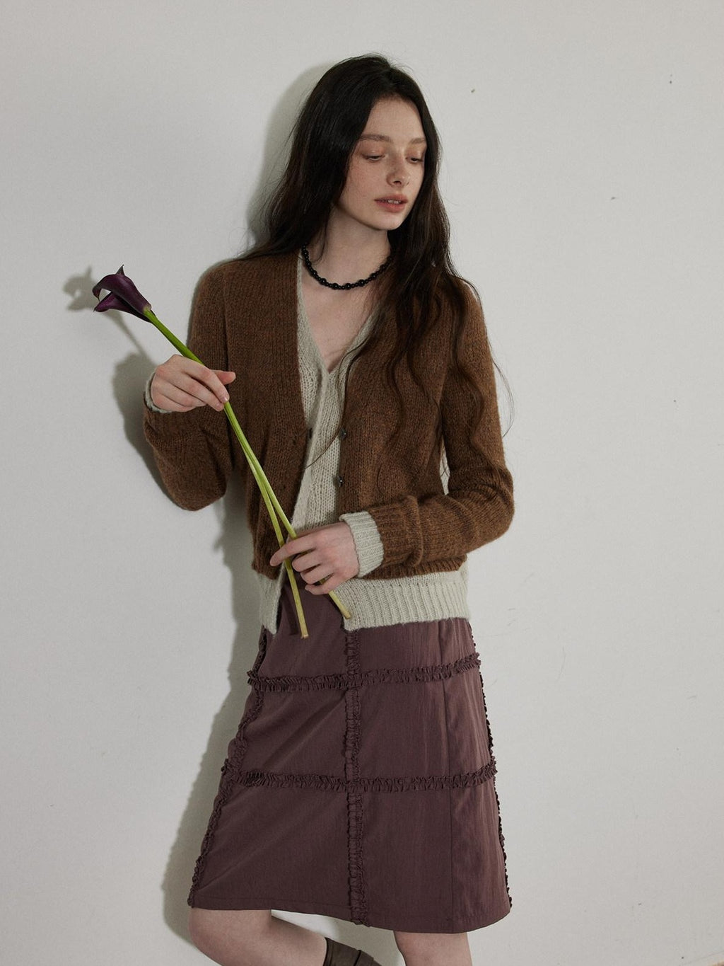 Lofi choose Faux Two Piece Layered Loose Fit V-neck Button Front Office Women Knit Cardigans