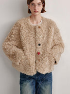 fano Faux Fur Straight Cut Minimal Workwear Women Gray Khaki Short Coat
