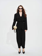 audreyyang High Stretch Elastic Waist Tapered Casual Women Black Polyester Sweatpants