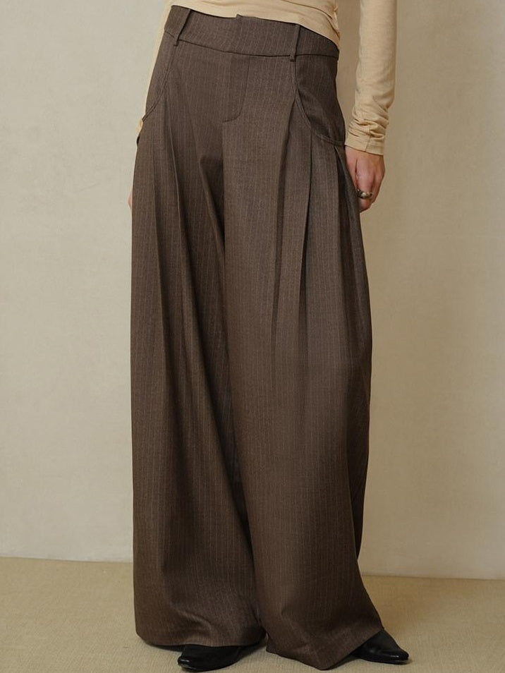 someonesometimes Shape Retaining Pleated Natural Waist Brown Striped Poly Stretch Wide Leg Pants