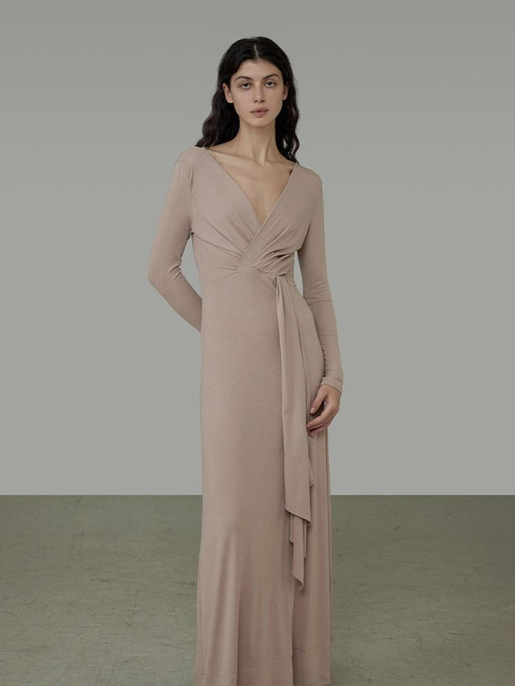 unspoken Lyocell V-neck High Waist Zip Longsleeve Pink Slim Knit Maxi Dresses