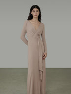 unspoken Lyocell V-neck High Waist Zip Longsleeve Pink Slim Knit Maxi Dresses