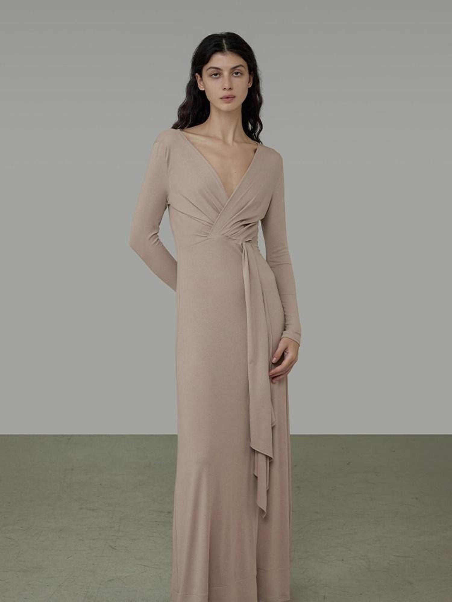 unspoken Lyocell V-neck High Waist Zip Longsleeve Pink Slim Knit Maxi Dresses