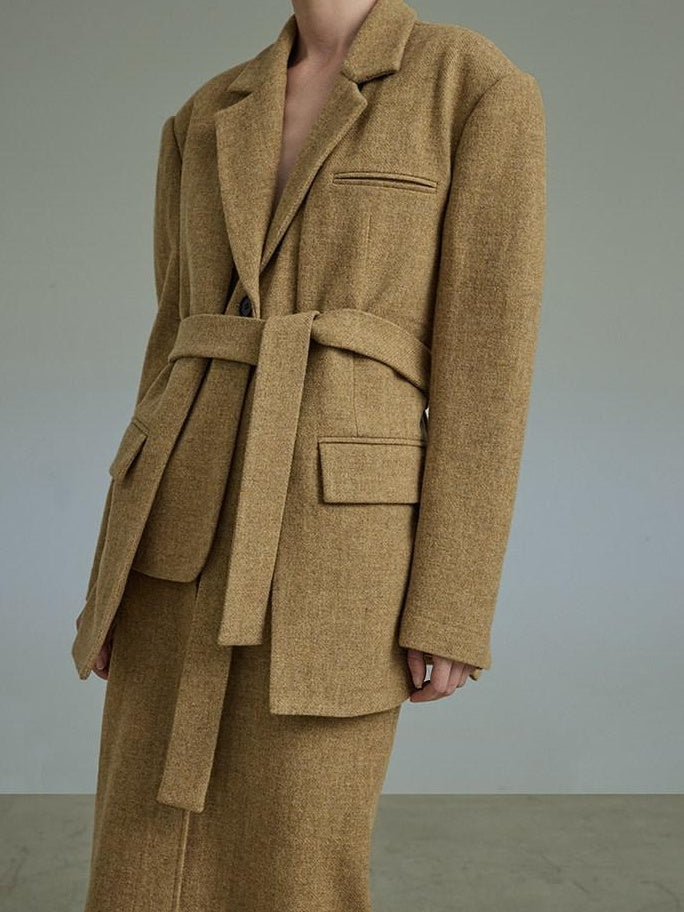 unspoken Wool Single Button Notched Lapel Loose Fit Rice Yellow Young Women Blazers