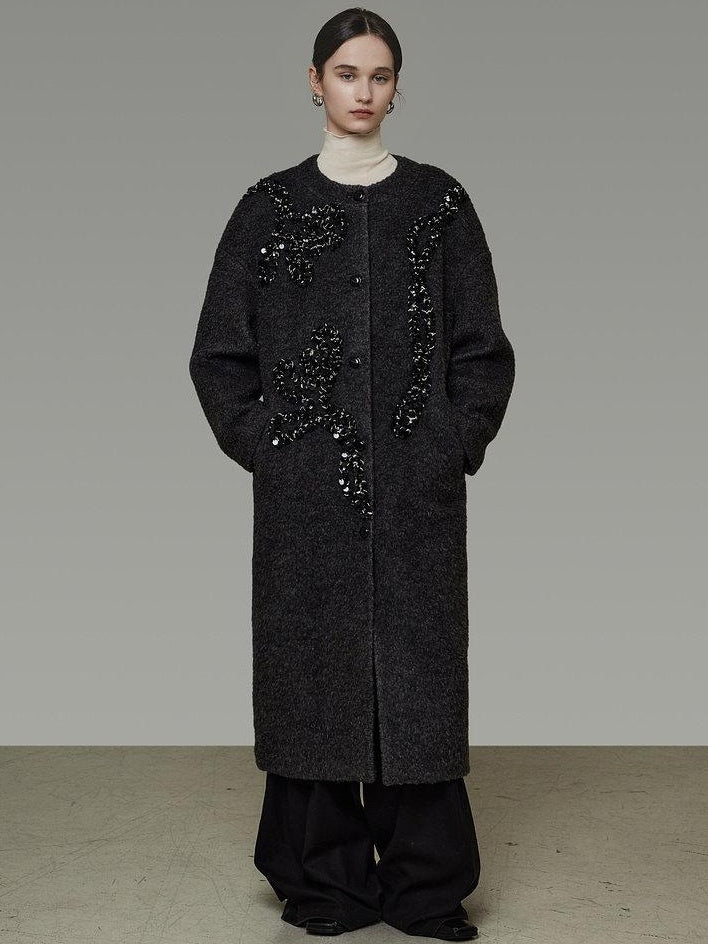 unspoken Warm 3D Embellished Loose Minimalist Commuter Long Women Deep Gray Wool Coats