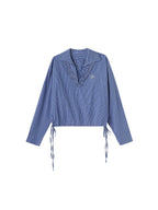 ikyou Stain Resistant Slimming Loose 3D Embroidered V-neck Workwear Plaid Blue Blouses