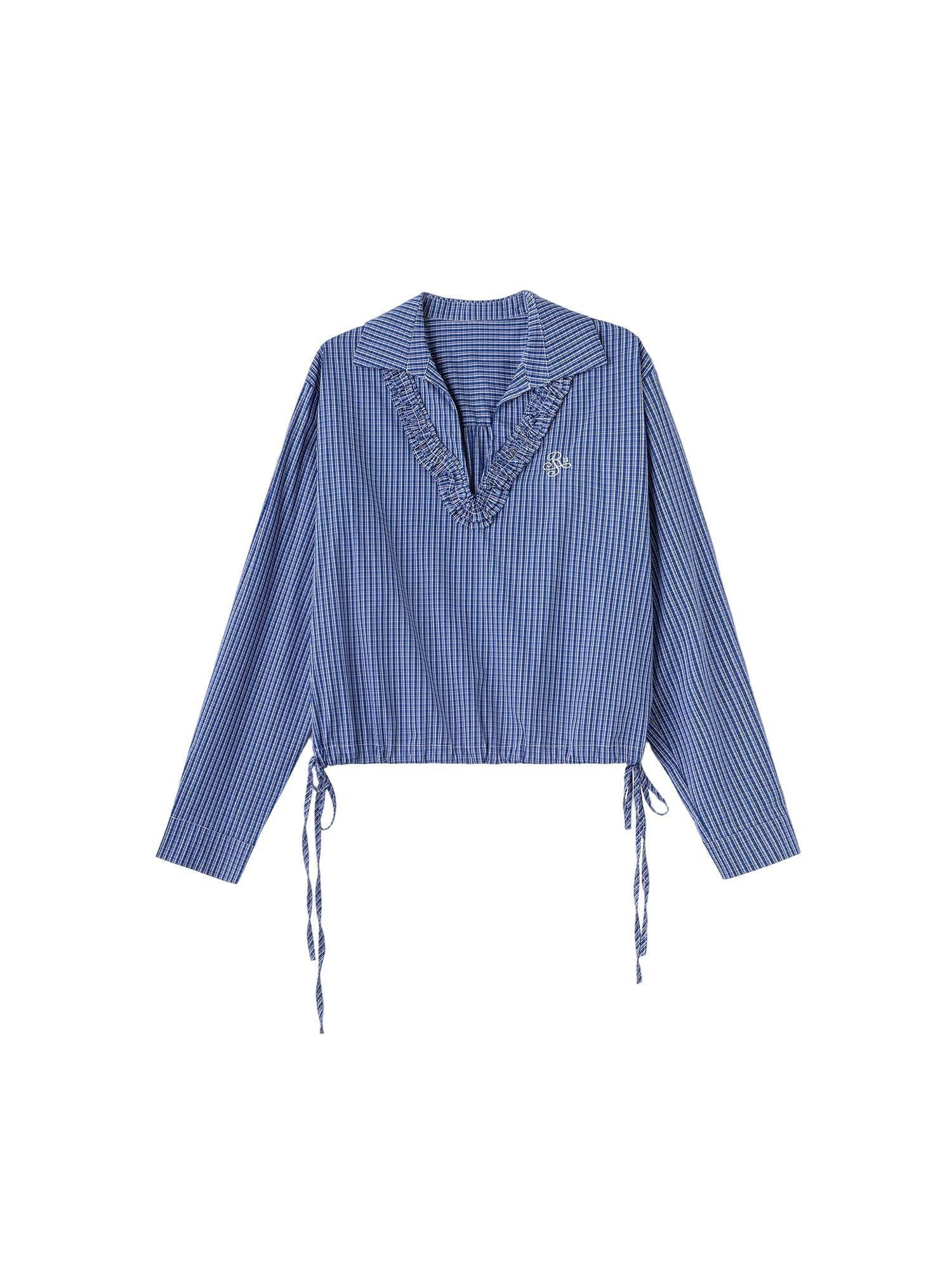 ikyou Stain Resistant Slimming Loose 3D Embroidered V-neck Workwear Plaid Blue Blouses
