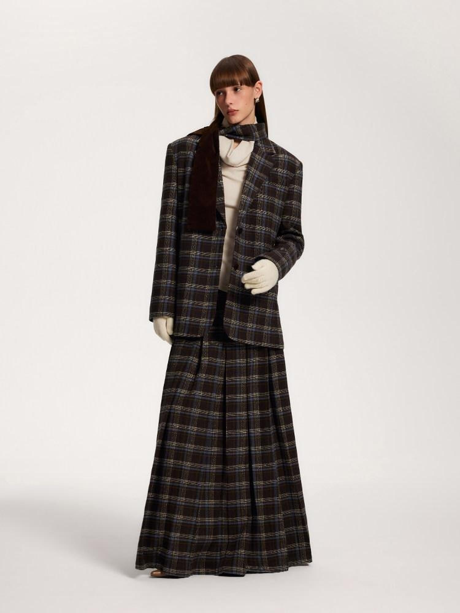 someone sometimes Original Design Plaid V-neck Long Sleeve Polyester Office Chic Top & Skirt Sets
