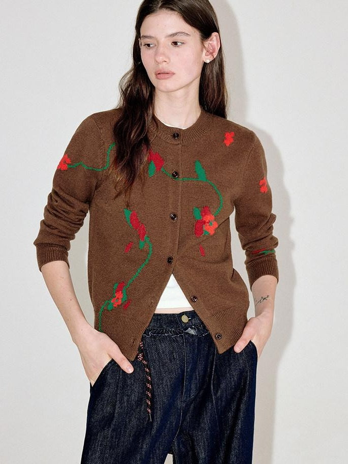 fano Soft Acrylic Blend Oversized Round Neck Single Row Button Women Brown Cardigans