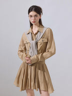 ikyou Cooling Soft Viscose Embroidered A Line Cinched Waist Office Khaki Midi Dresses