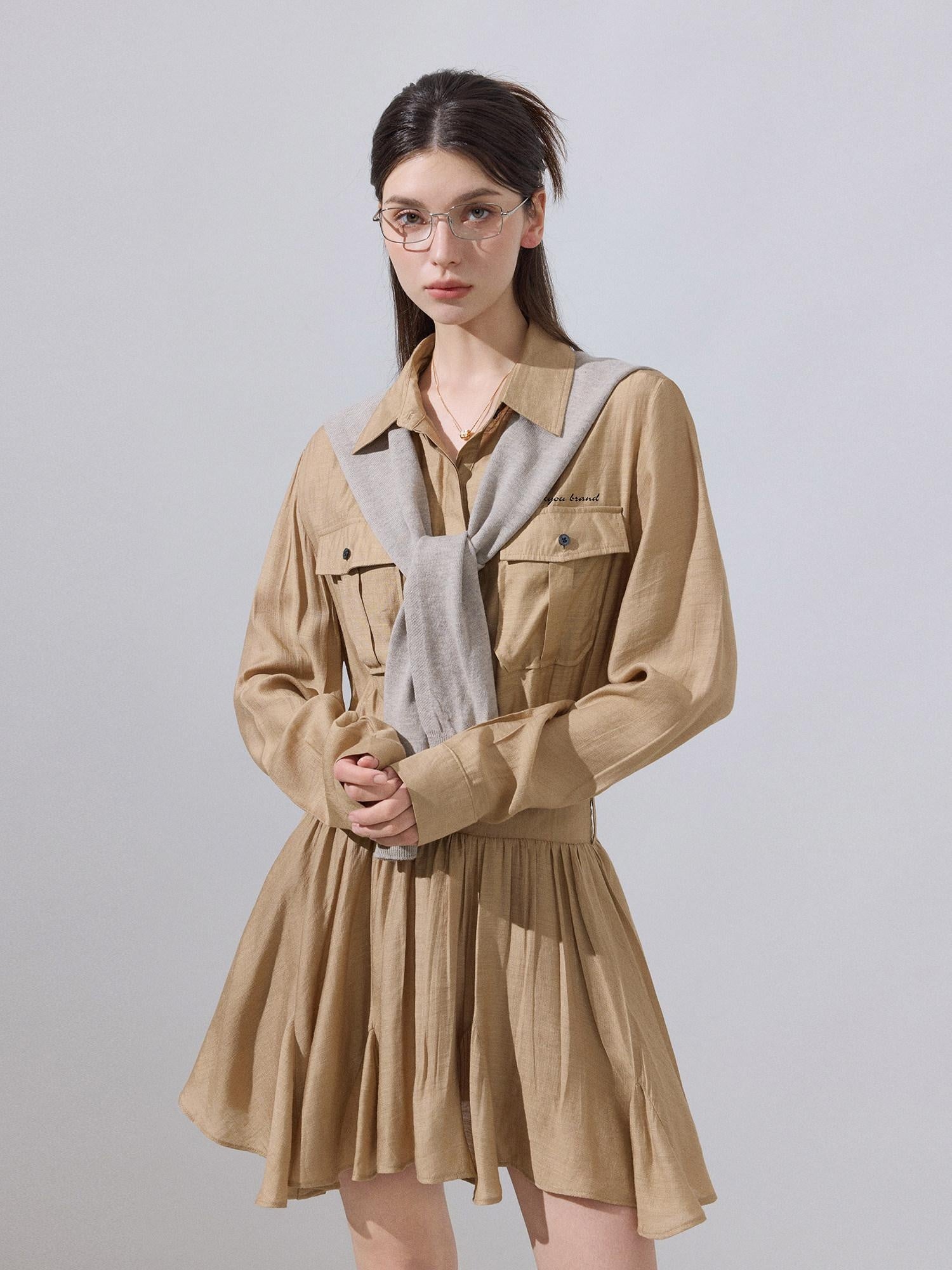 ikyou Cooling Soft Viscose Embroidered A Line Cinched Waist Office Khaki Midi Dresses