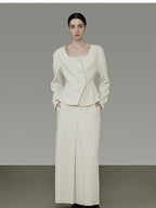 unspoken Slim Office Button Front Long Sleeve Cream Polyester Women Top & Skirt Sets