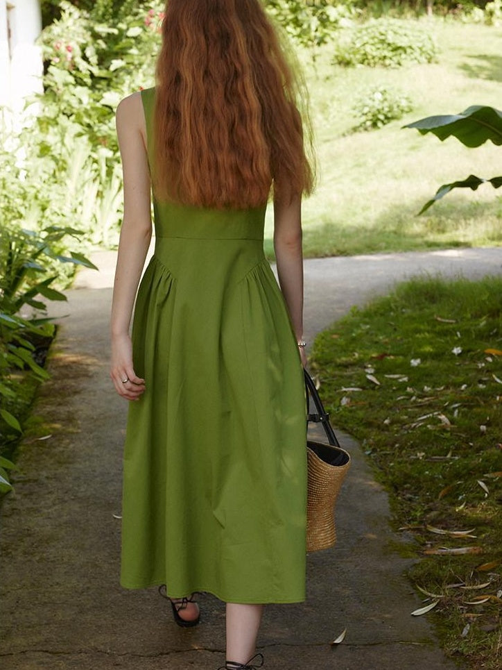 fano Cotton High Waist Pleated Minimal A Line Square Neck Women Maxi Dresses