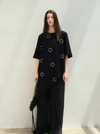 audreyyang Rhinestone Asymmetric Loose Fit Women Cotton Crew Black Short Sleeve T-Shirts