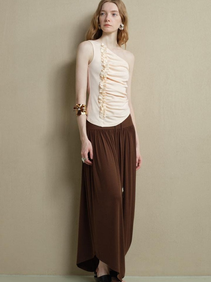 someone sometimes Soft Viscose Blend Slim Fit One Shoulder Beige Stretch Ruching Tank Tops