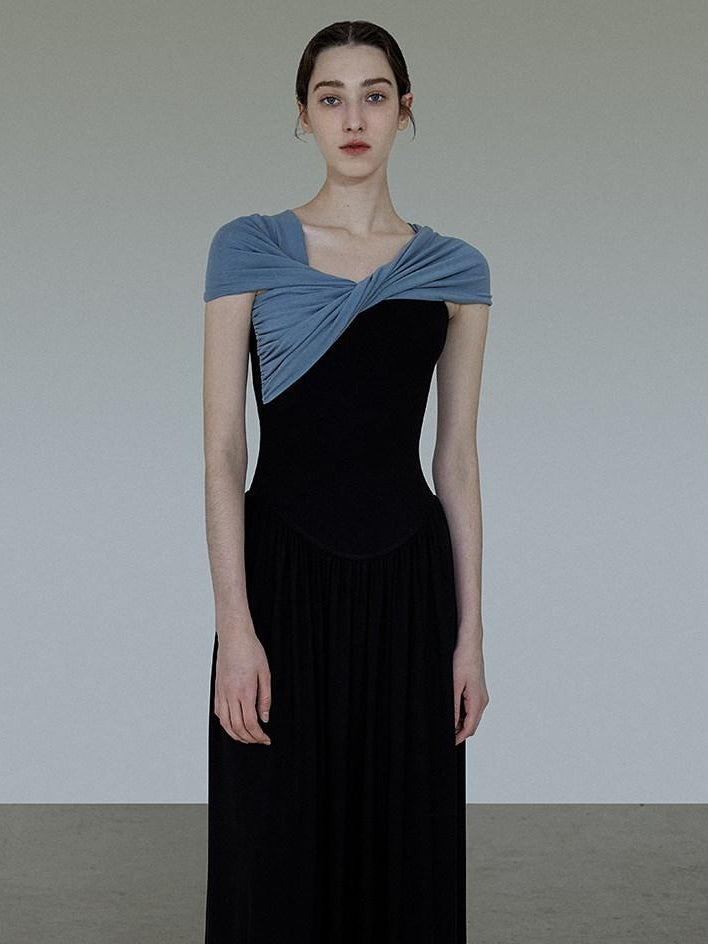 unspoken High Waist Colorblock V-neck A Line Viscose Knit Casual Women Maxi Dresses