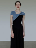 unspoken High Waist Colorblock V-neck A Line Viscose Knit Casual Women Maxi Dresses