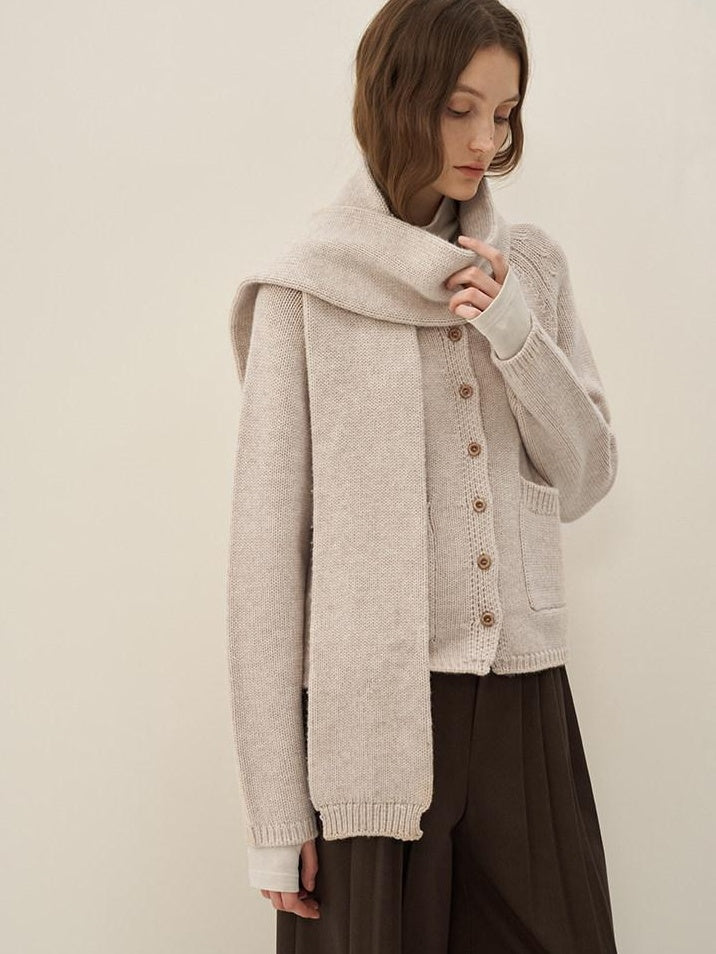 someone sometimes Wool Blend Button Front Round Neck Long Sleeve Commuter Oatmeal Beige Cardigans