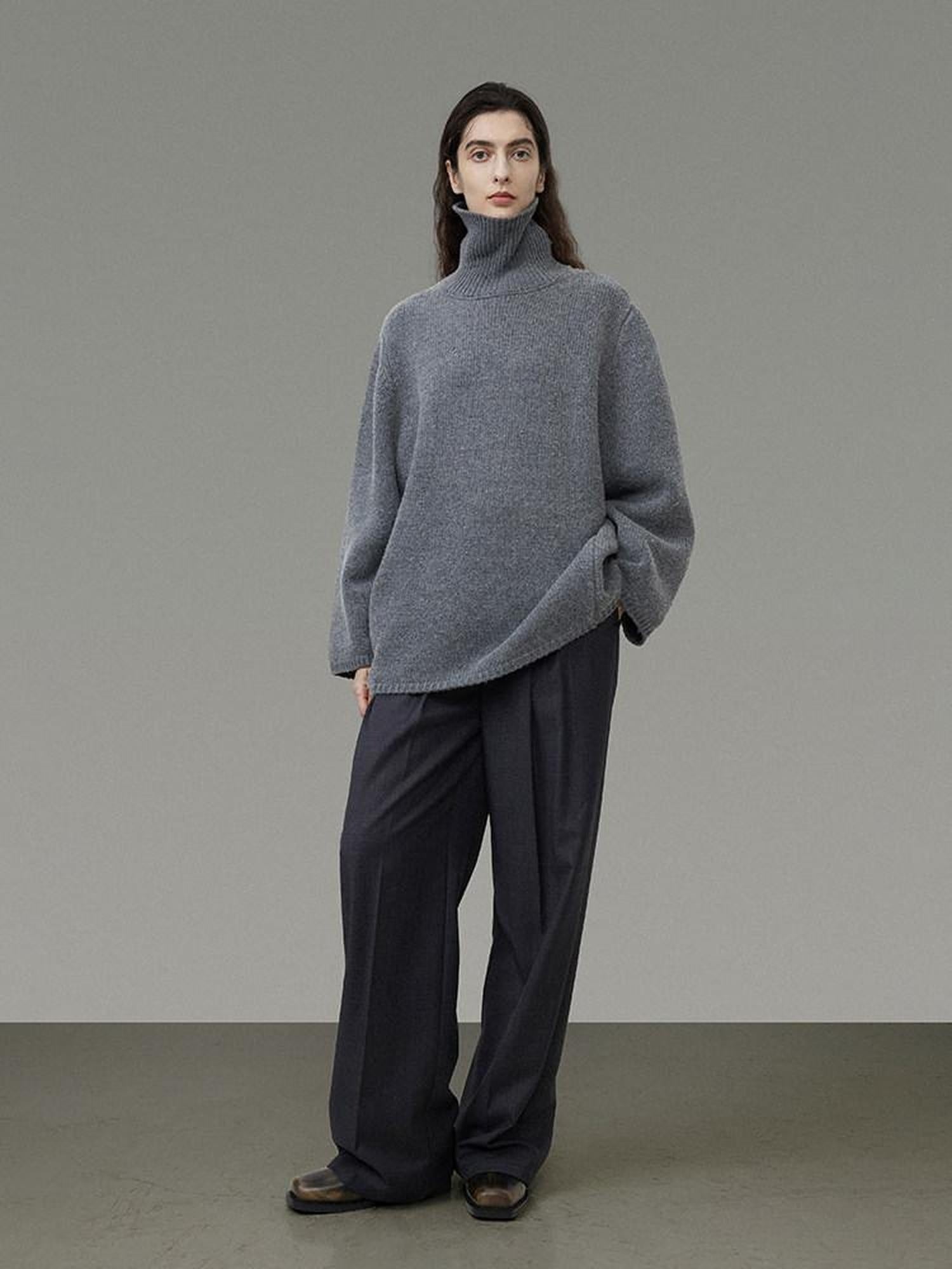 unspoken Warm Wool Blend Loose Fit Turtleneck Knitted Pullover Office Casual Gray Sweaters