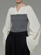 unspoken Breathable Cotton Contrast V-neck Loose Longsleeve Tie Front Women Blouses